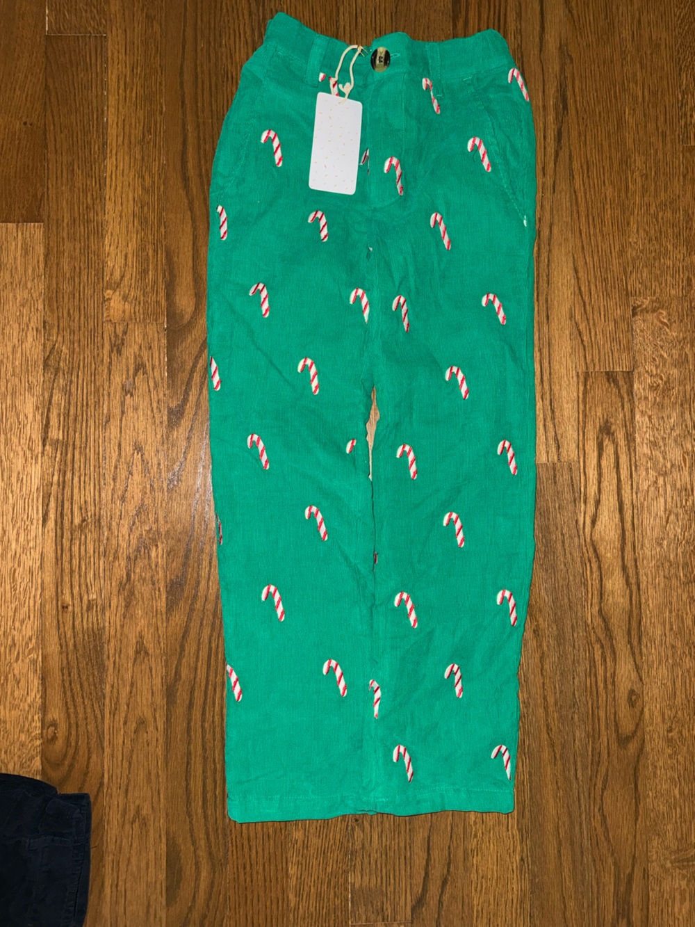 Smockingbird Kids Green Christmas corduroy Candy Cane embroidered pants